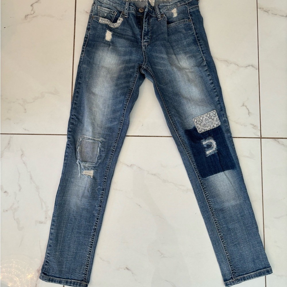 Vintage America Denim Jeans with Patchwork Accents - Blue